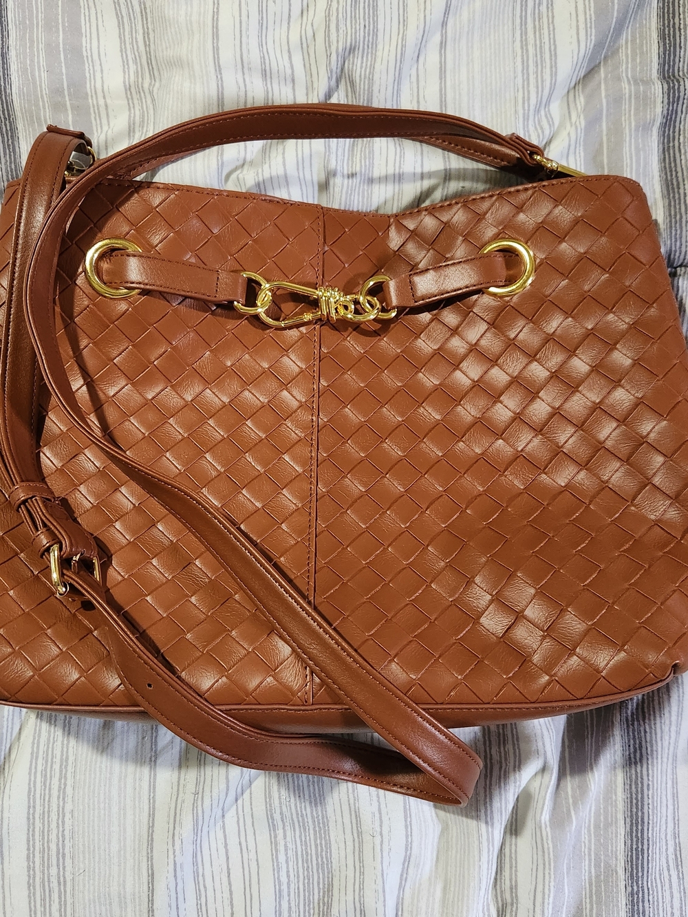 Time and Tru Brown Woven-Style Shoulder Bag with Gold Hardware